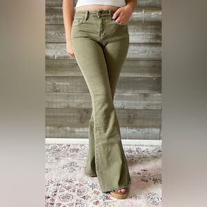 Last 1! vervet denim high rise raw hem super flare jeans covert green V3084CG 32